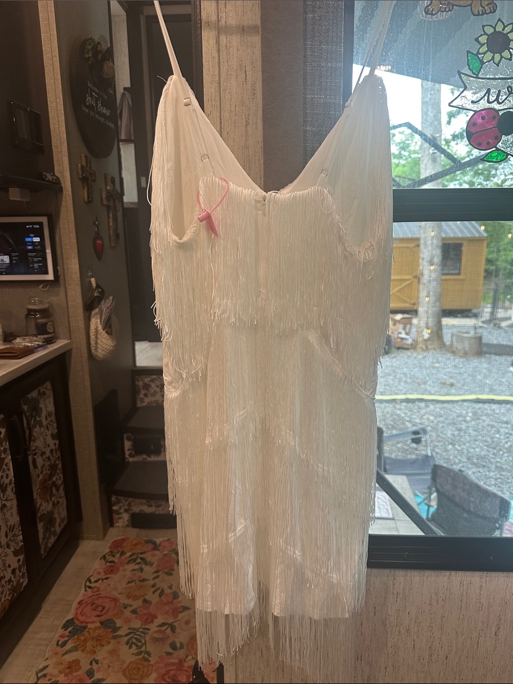 White Fringe Slip Dress with V-Neck - Picture 2 of 4